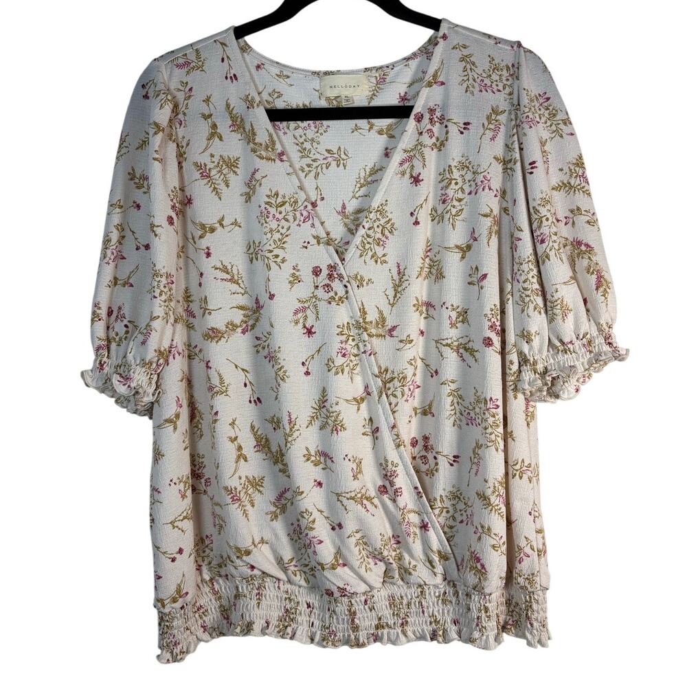 Melloday Floral Faux Wrap Smocked Blouse Cream Puff Sleeve Boho Cottagecore XL